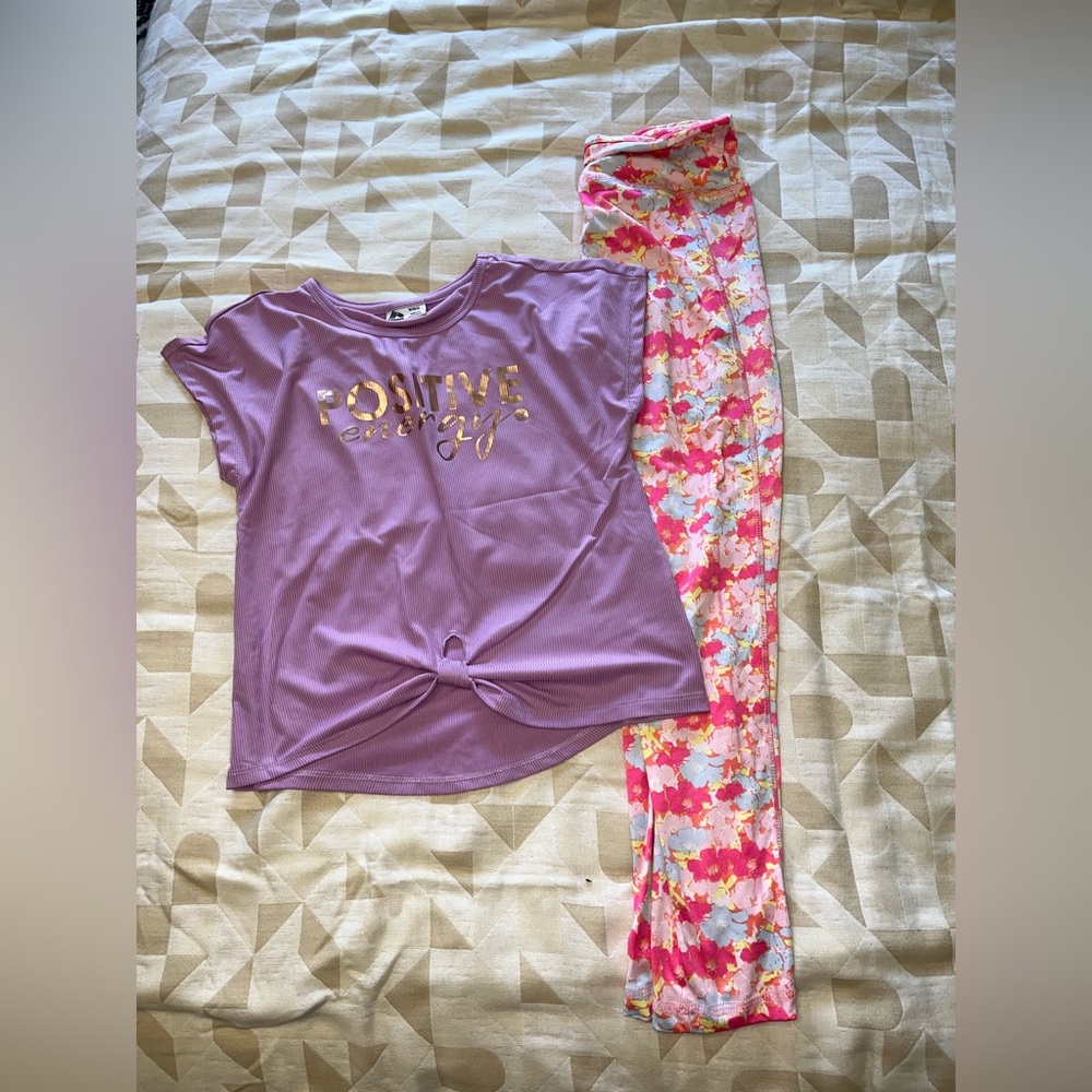 Purple Graphic Tee and Floral Leggings Set